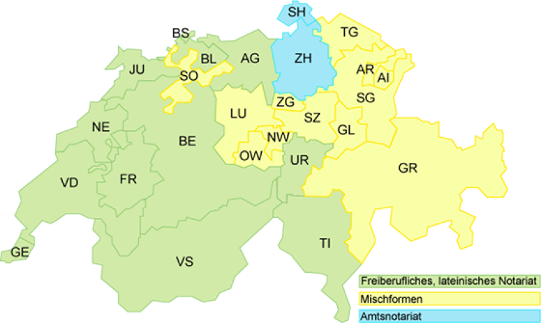 Grafik Schweiz als Karte mit Markierungen notarieller Tätigkeiten